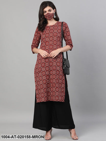 Maroon  Black Floral Printed Kurta