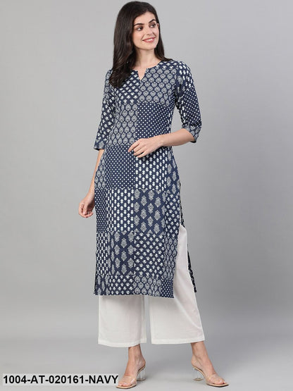 Navy Blue Ethnic Motifs Printed Kurta