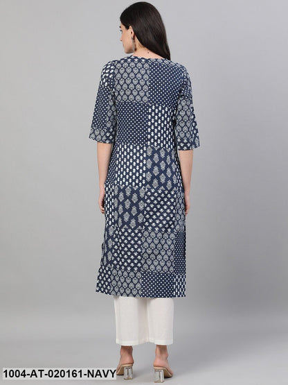 Navy Blue Ethnic Motifs Printed Kurta
