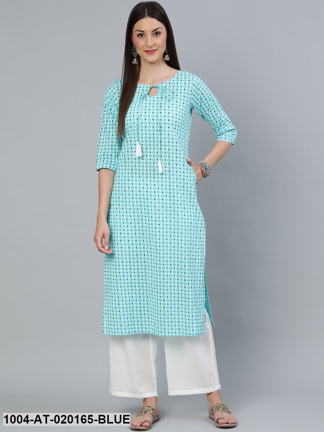 Aqua Blue & Black Geometric Print Straight Kurta With Three Quarters Sleeves