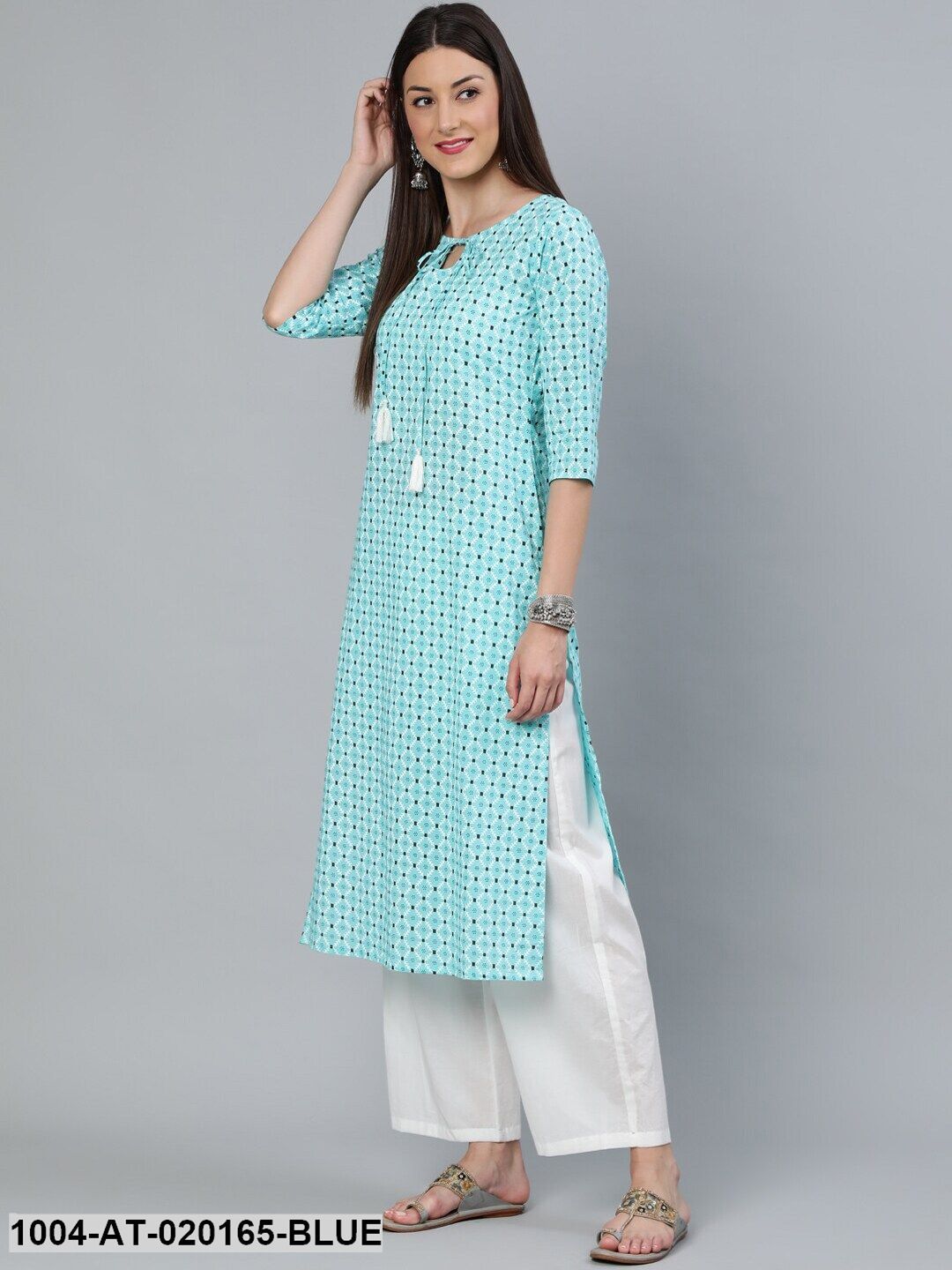 Aqua Blue & Black Geometric Print Straight Kurta With Three Quarters Sleeves