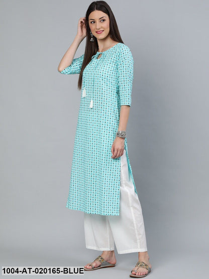 Aqua Blue & Black Geometric Print Straight Kurta With Three Quarters Sleeves