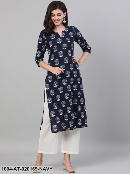 Navy Blue  White Floral Printed Kurta