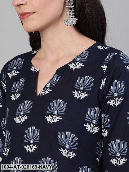 Navy Blue  White Floral Printed Kurta
