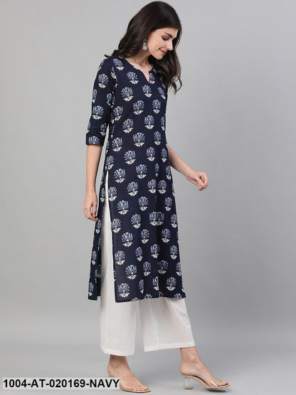 Navy Blue  White Floral Printed Kurta