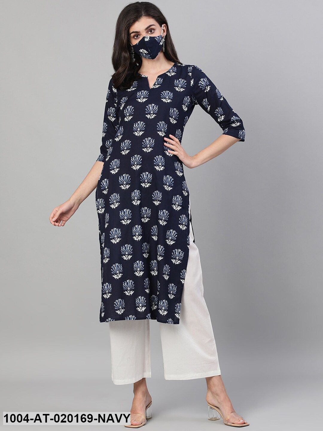 Navy Blue  White Floral Printed Kurta
