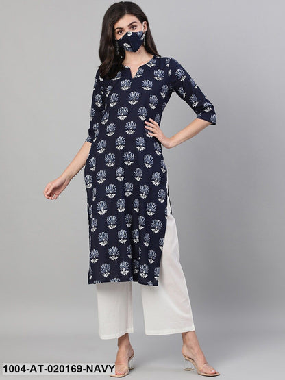 Navy Blue  White Floral Printed Kurta
