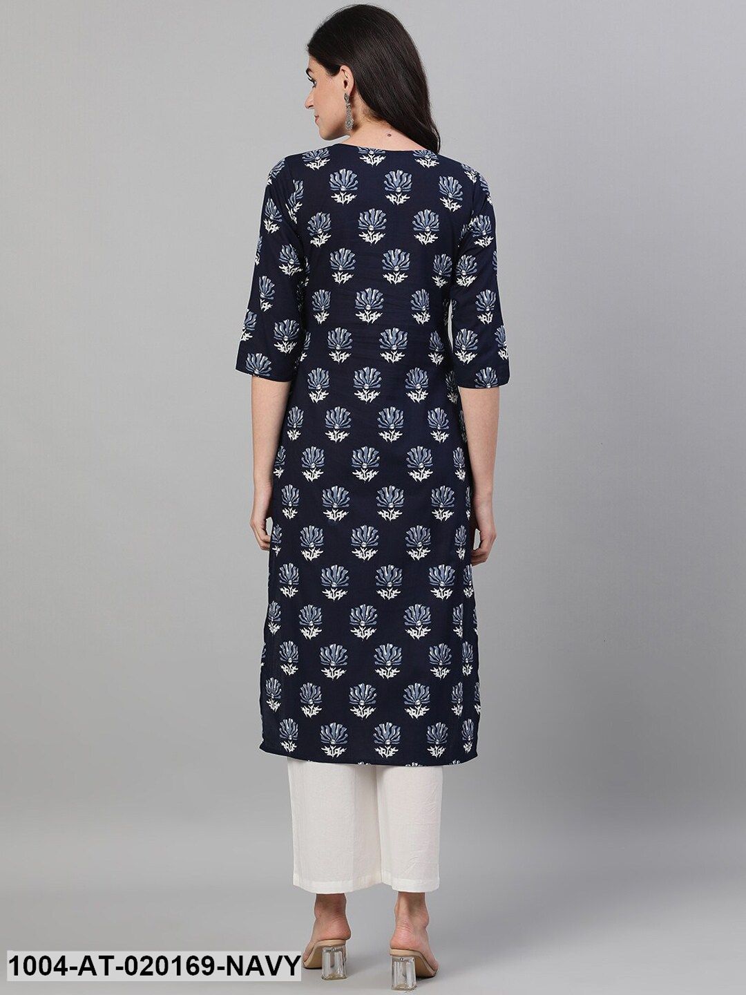 Navy Blue  White Floral Printed Kurta