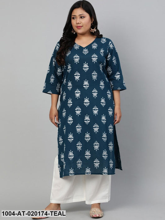 Plus Size Teal Blue & White Ethnic Motifs Printed Indigo Kurta