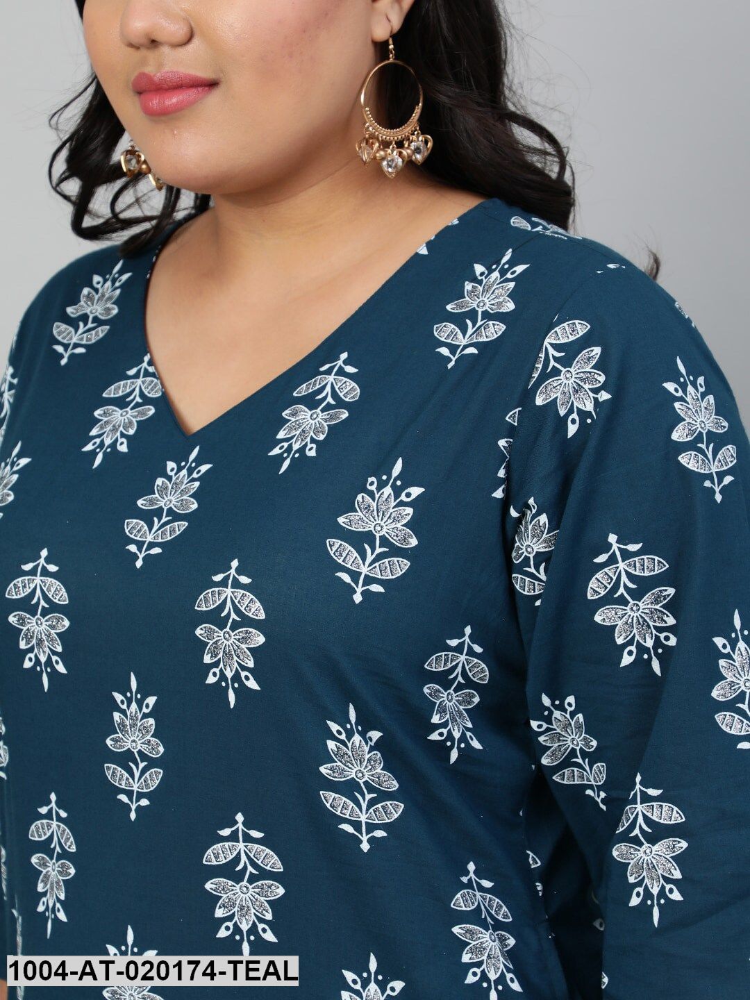 Plus Size Teal Blue & White Ethnic Motifs Printed Indigo Kurta