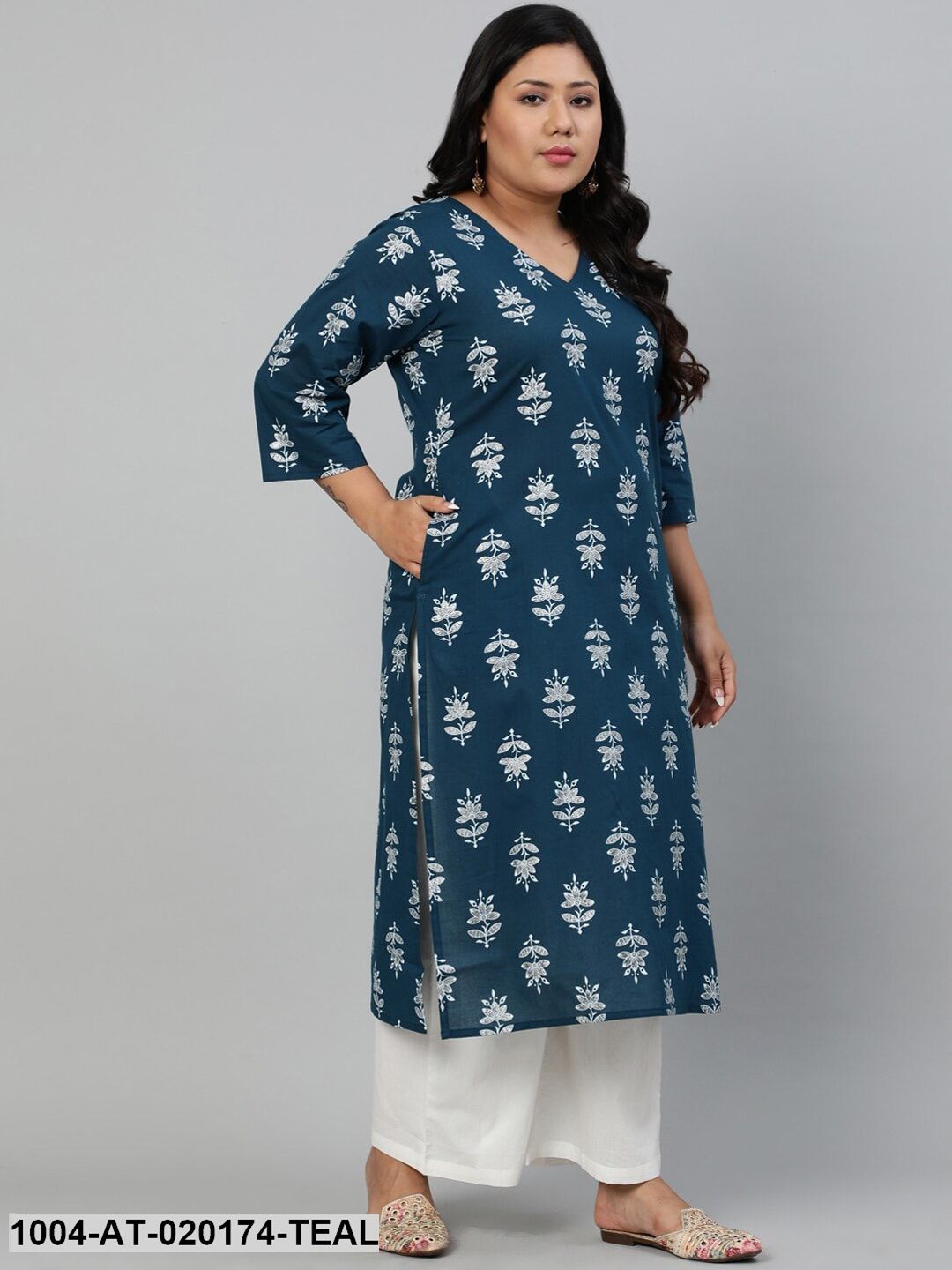 Plus Size Teal Blue & White Ethnic Motifs Printed Indigo Kurta