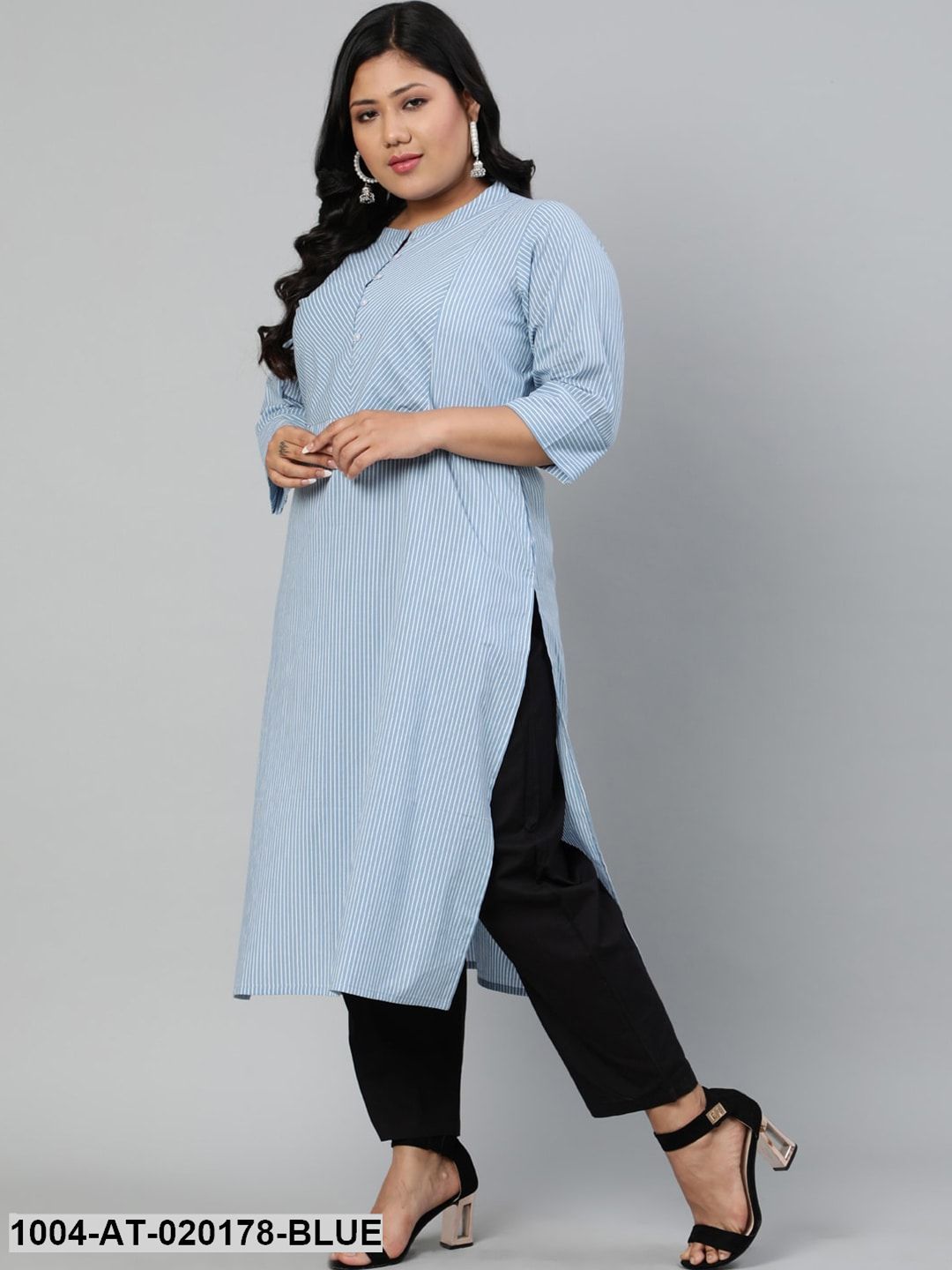 Plus Size Blue & White Striped Kurta