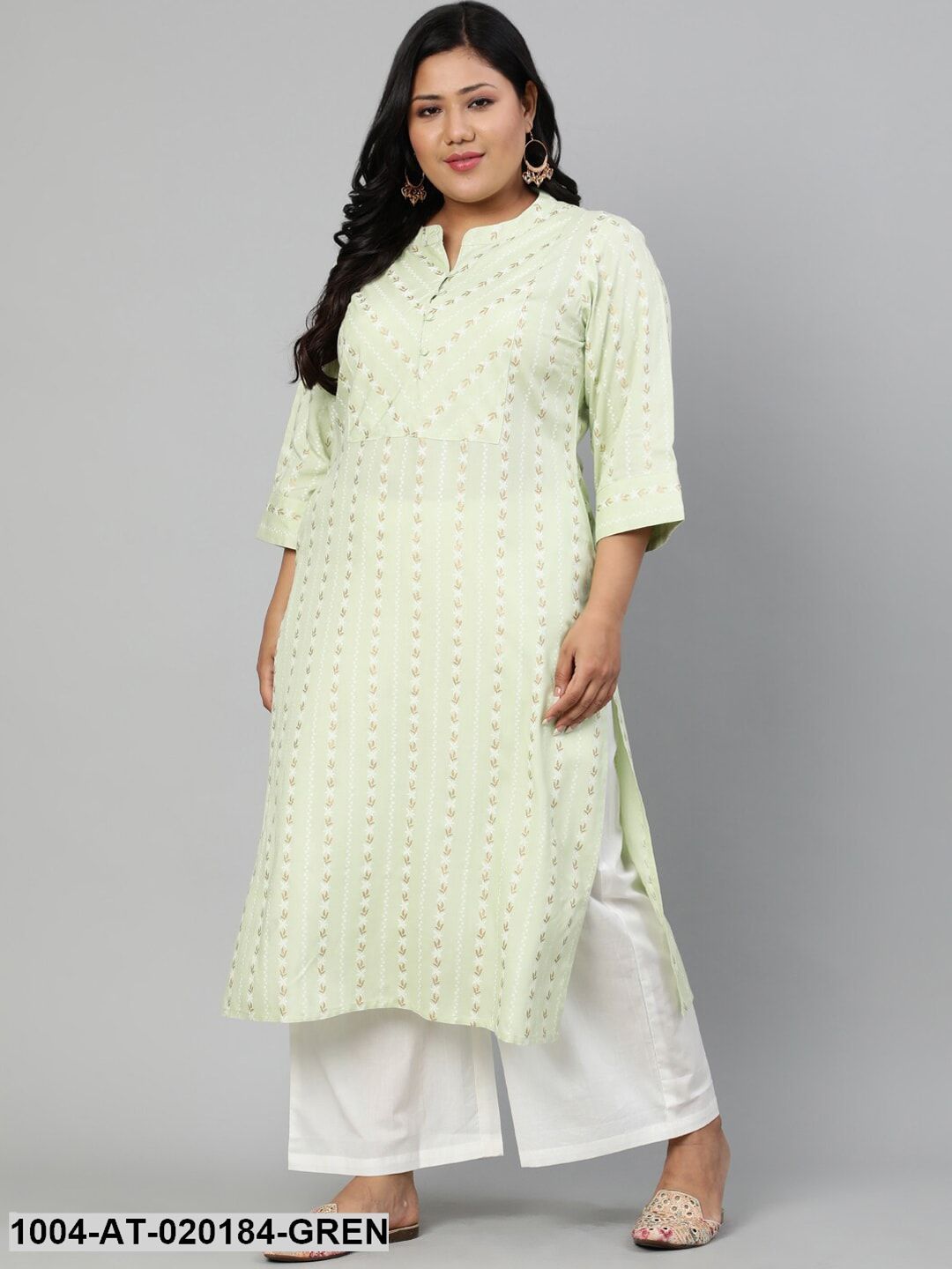Plus Size Pastel Green & Gold Ethnic Motifs Printed Kurta