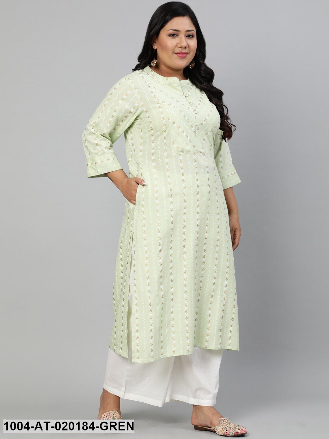 Plus Size Pastel Green & Gold Ethnic Motifs Printed Kurta