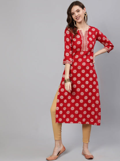 Women Red & Gold Printed  Straight Kurta With Half Sleeves