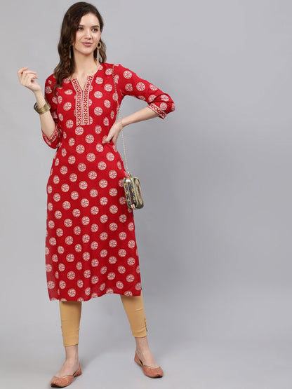 Women Red & Gold Printed  Straight Kurta With Half Sleeves