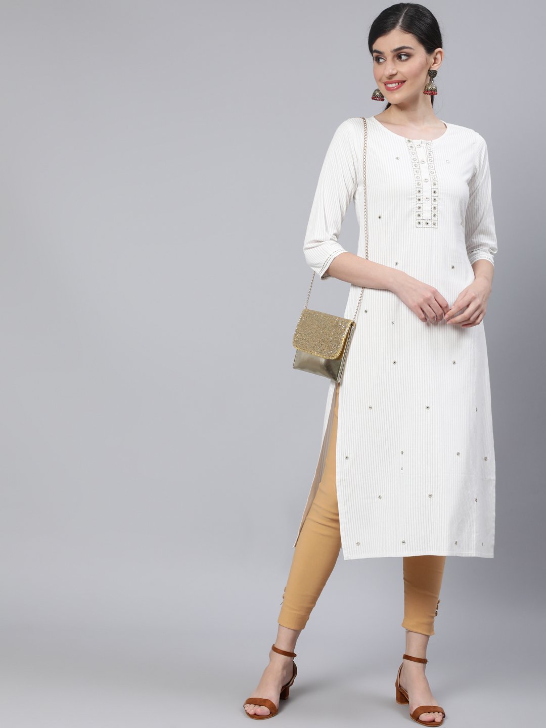 Women Off White Embroidered Straight Kurta with Three Quarter Sleeves