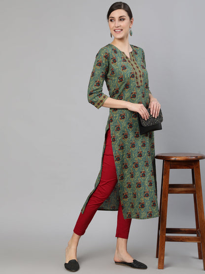 Women Blue Printed Straight Kurta With Three Quarter Sleeves