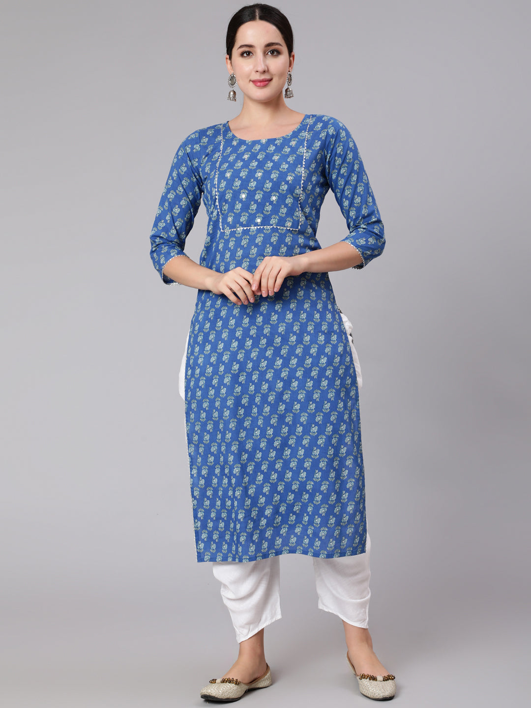 Blue Ethnic Motif Printed Straight Kurta With Three Quaretr Sleeves