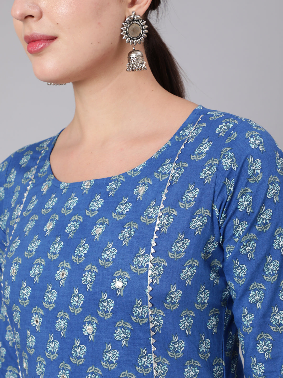 Blue Ethnic Motif Printed Straight Kurta With Three Quaretr Sleeves