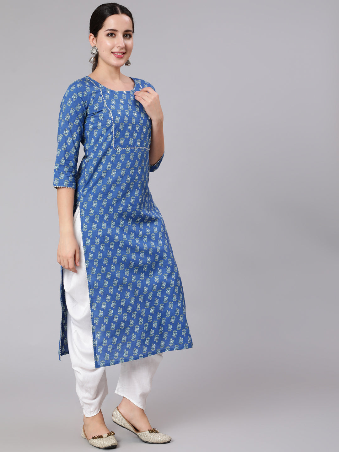 Blue Ethnic Motif Printed Straight Kurta With Three Quaretr Sleeves