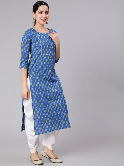 Blue Ethnic Motif Printed Straight Kurta With Three Quaretr Sleeves