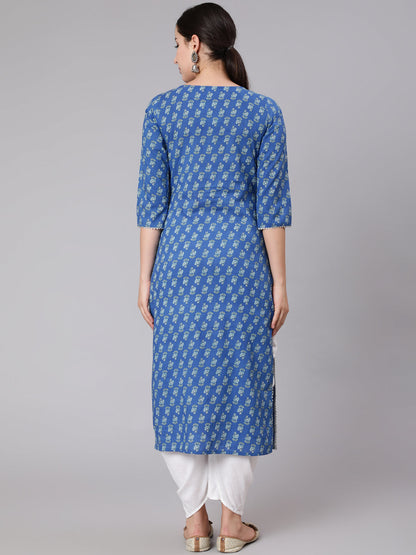 Blue Ethnic Motif Printed Straight Kurta With Three Quaretr Sleeves