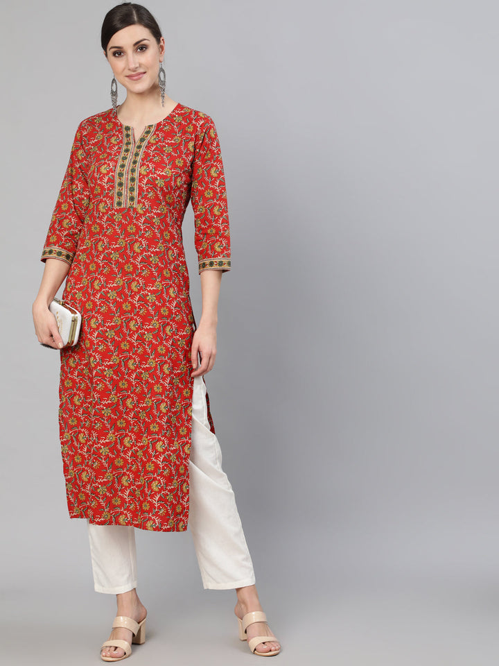 Red Floral printed  Straight Kurta With Three Quarter Sleeves