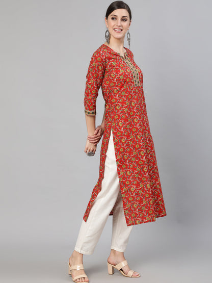 Red Floral printed  Straight Kurta With Three Quarter Sleeves