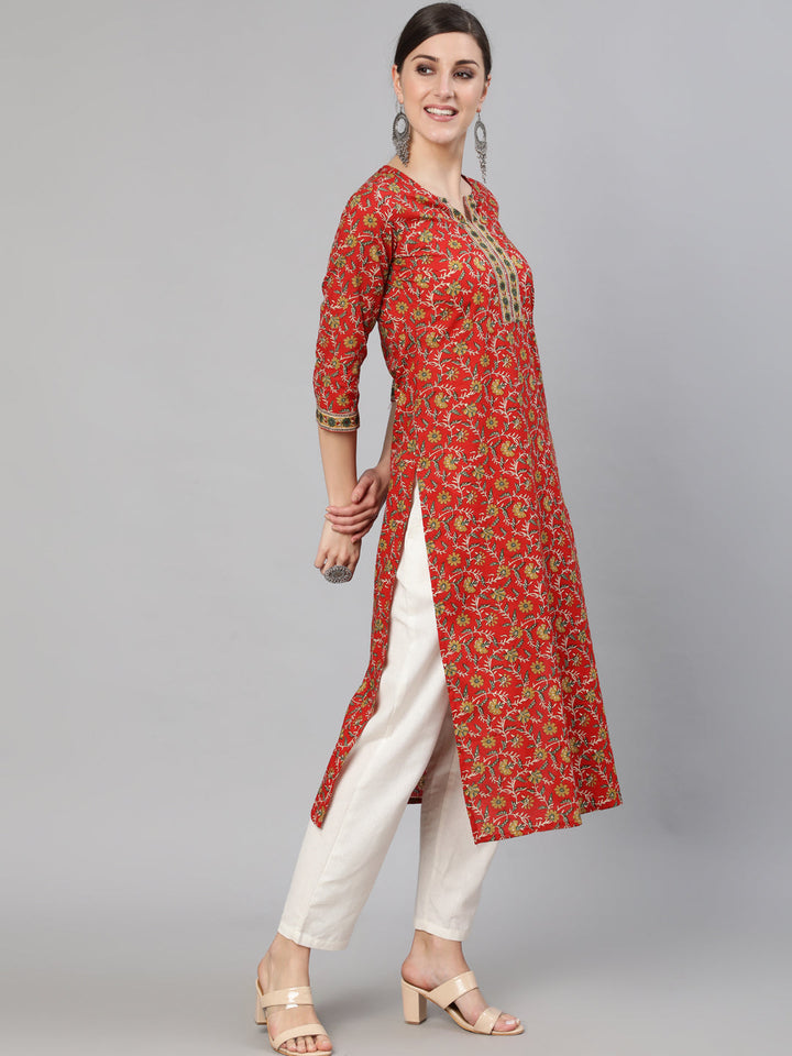 Red Floral printed  Straight Kurta With Three Quarter Sleeves