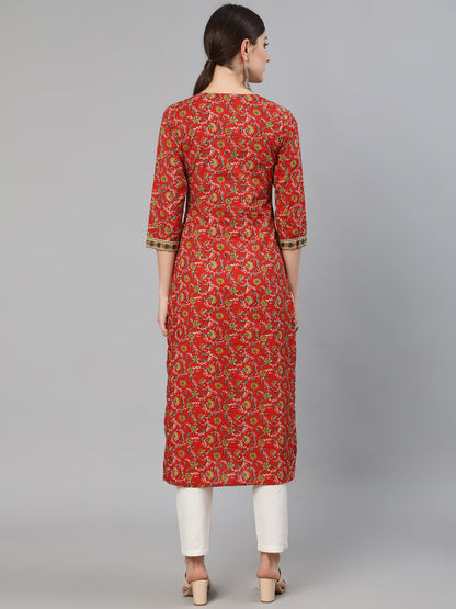 Red Floral printed  Straight Kurta With Three Quarter Sleeves