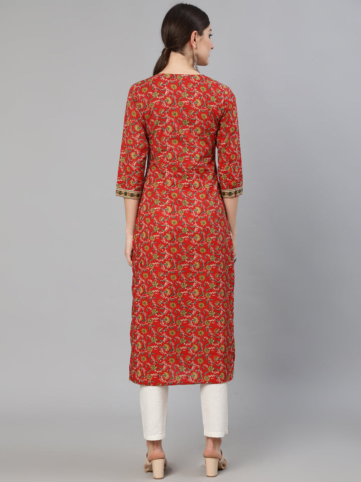 Red Floral printed  Straight Kurta With Three Quarter Sleeves
