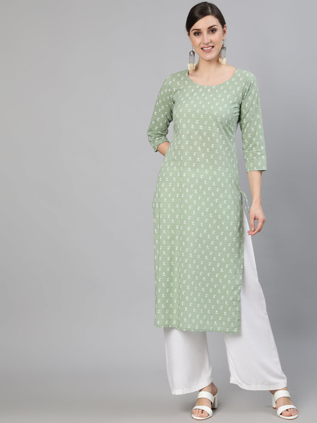 Olive Green Ethnic Printed Straight Kurta With Three quarter Sleevs