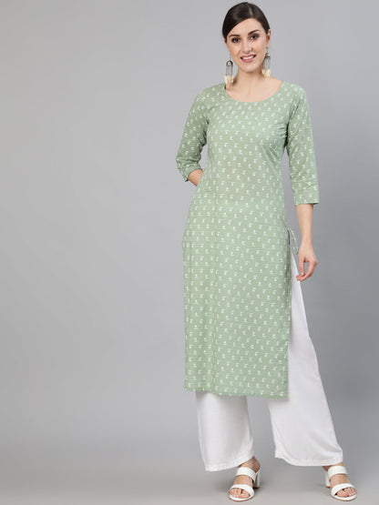 Olive Green Ethnic Printed Straight Kurta With Three quarter Sleevs