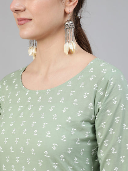 Olive Green Ethnic Printed Straight Kurta With Three quarter Sleevs