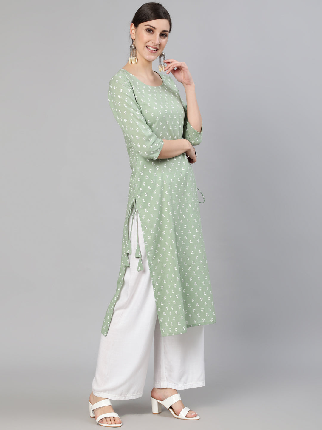 Olive Green Ethnic Printed Straight Kurta With Three quarter Sleevs