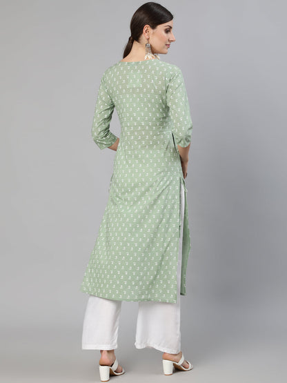 Olive Green Ethnic Printed Straight Kurta With Three quarter Sleevs