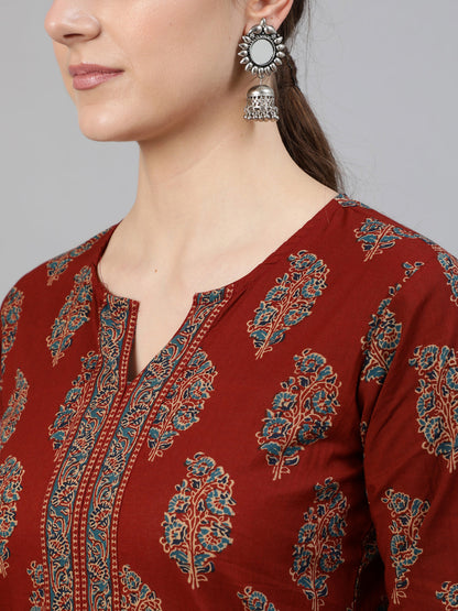 Maroon Ethnic Printed Straight Kurta With Three Quarter Sleeves