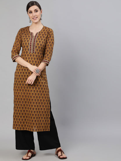 Mustrad Floral Printed Straight Kurta With Three Quarter Sleeves