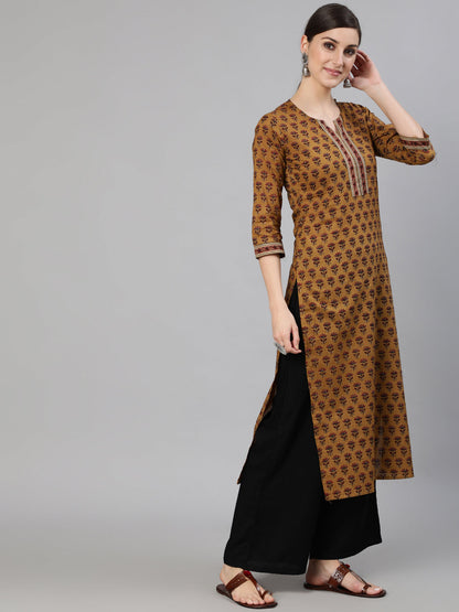 Mustrad Floral Printed Straight Kurta With Three Quarter Sleeves