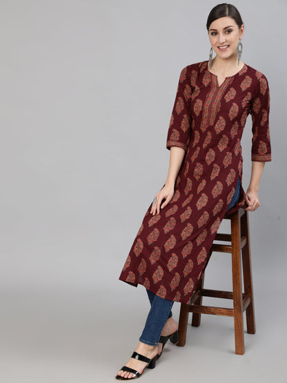 Maroon Ethnic Printed Straight Kurta With Three Quarter Sleeves