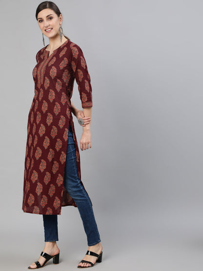 Maroon Ethnic Printed Straight Kurta With Three Quarter Sleeves
