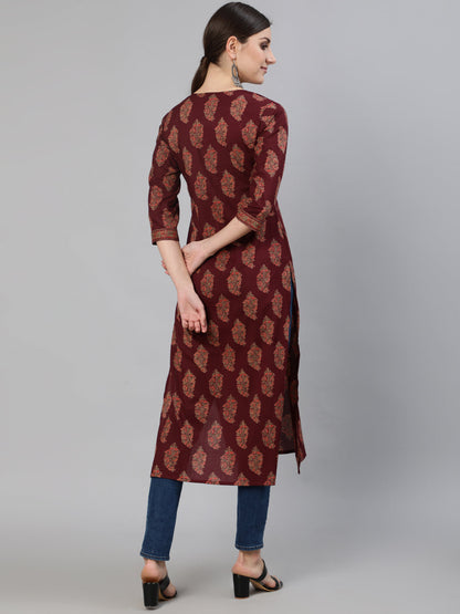 Maroon Ethnic Printed Straight Kurta With Three Quarter Sleeves