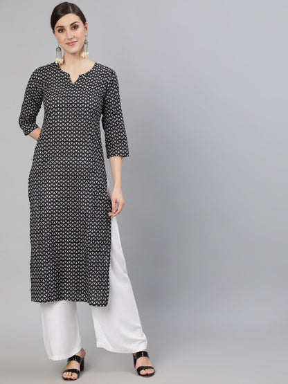 Black Ethnic Mothif Printed Straight Kurta With Three Quarter Sleeves