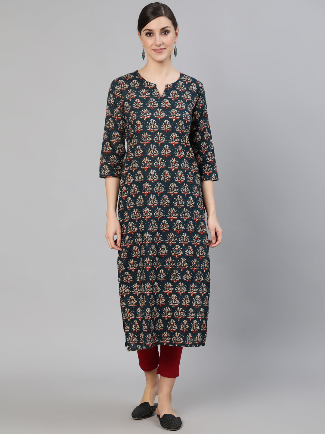 Teal Blue Printed Straight Kurta with Three Quarter Sleeves