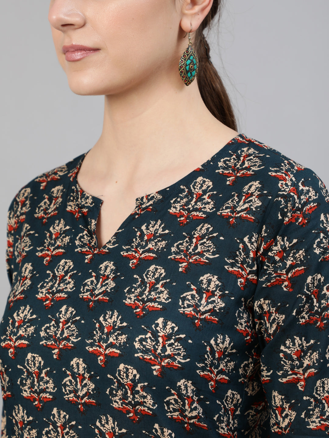 Teal Blue Printed Straight Kurta with Three Quarter Sleeves