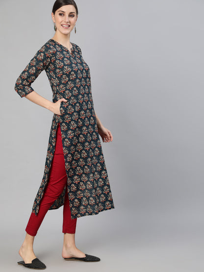 Teal Blue Printed Straight Kurta with Three Quarter Sleeves