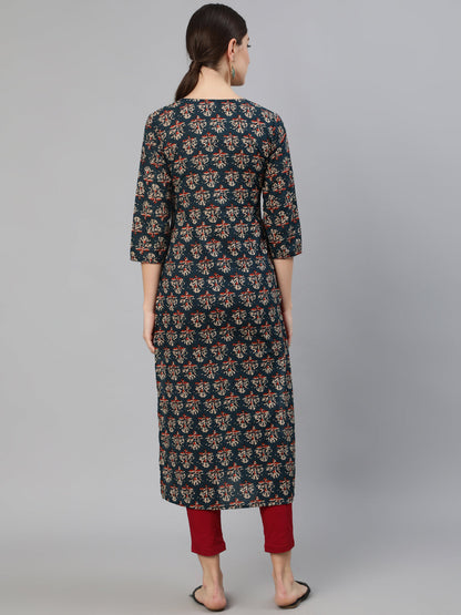 Teal Blue Printed Straight Kurta with Three Quarter Sleeves