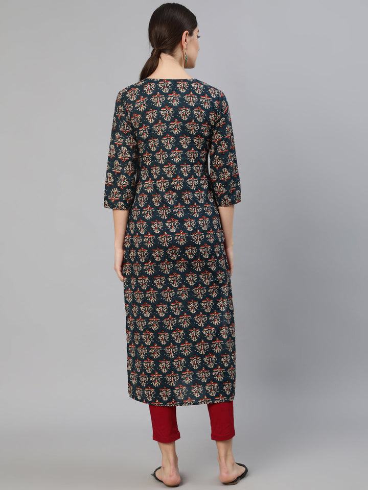 Teal Blue Printed Straight Kurta with Three Quarter Sleeves