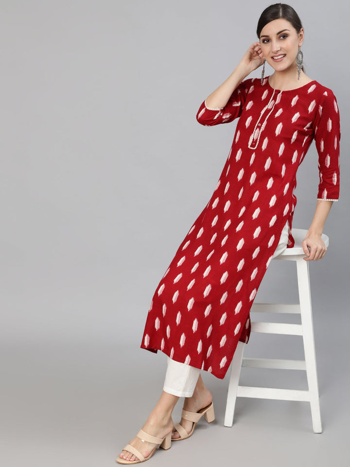 Maroon Geometric Printed Kurta With Three Quarter Sleeves